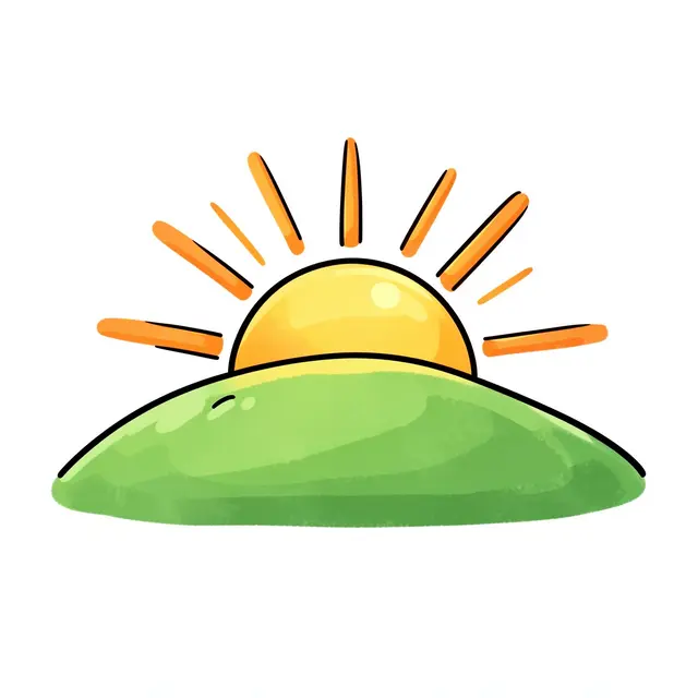 A cute hand-drawn rising sun peeks over a rounded green hill against a plain white background