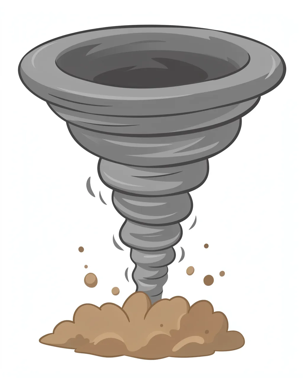 Flat cartoon illustration of a swirly grey tornado funnel kicking up brown dust, isolated on a plain white background