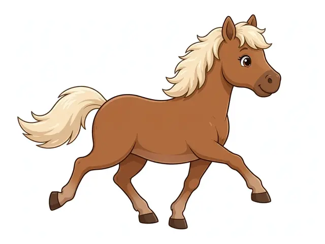 Cute cartoon brown horse with cream mane and tail trotting in side view on a light background