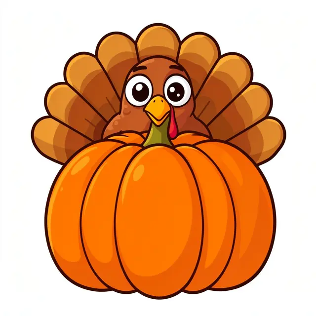 A cute cartoon Thanksgiving turkey with wide eyes peeks over a large orange pumpkin against a white background.
