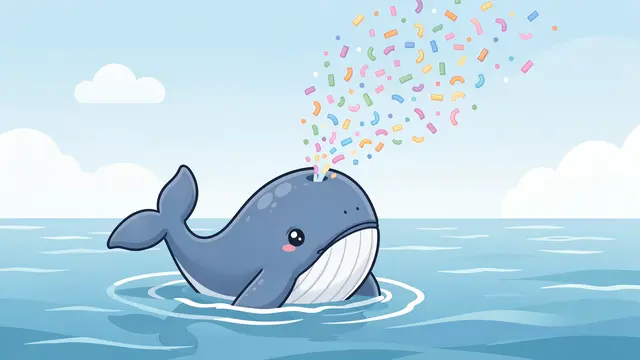 Cute blue cartoon whale spouting pastel confetti from its blowhole above calm blue sea under a soft sky