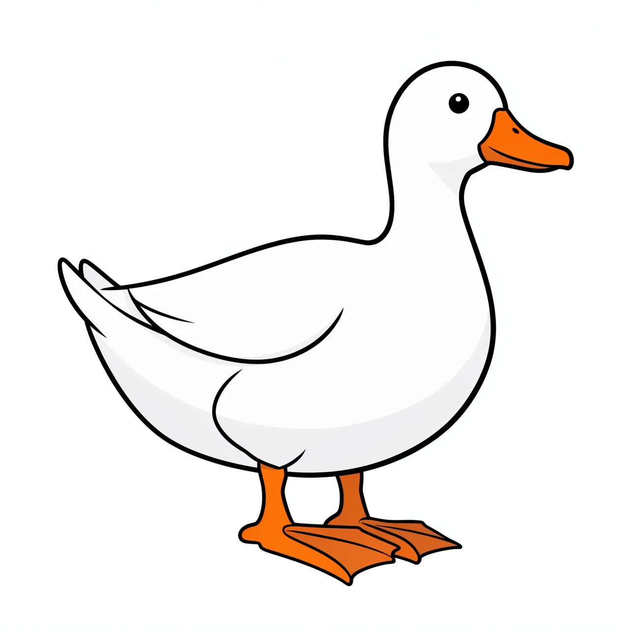 Flat side view clipart of a white duck with orange bill and webbed feet isolated on a plain white background
