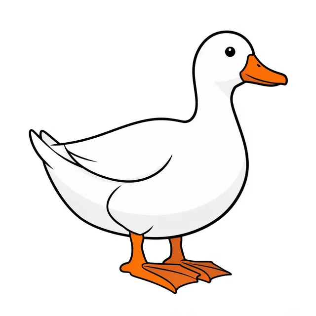 Flat side view clipart of a white duck with orange bill and webbed feet isolated on a plain white background