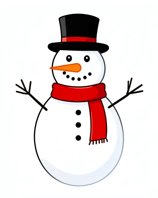 Cute flat clipart snowman with a top hat, red scarf, and carrot nose on a white background