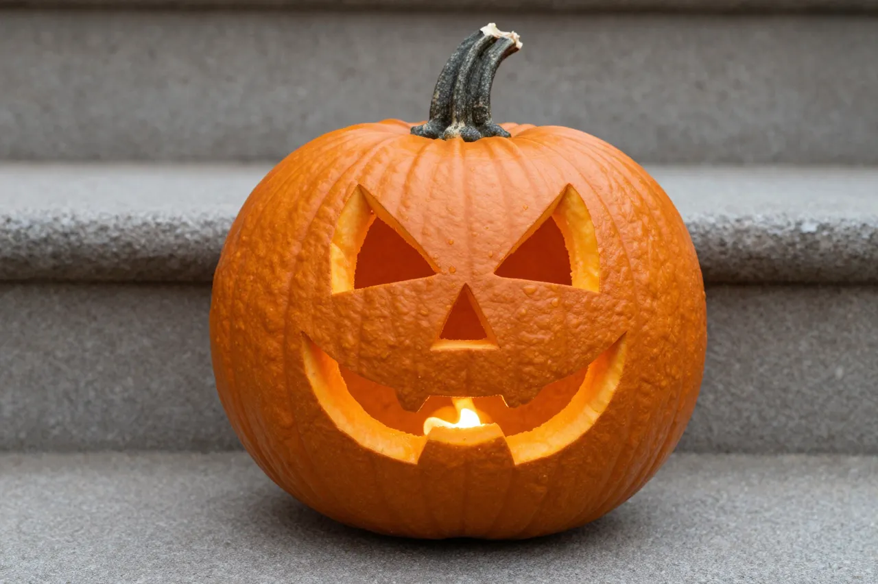 Lit carved Halloween pumpkin sits on gray stone front steps