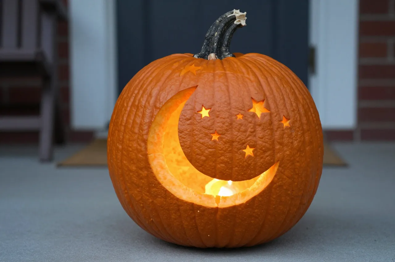 A glowing carved pumpkin with crescent moon and star cutouts sits on a home front porch.