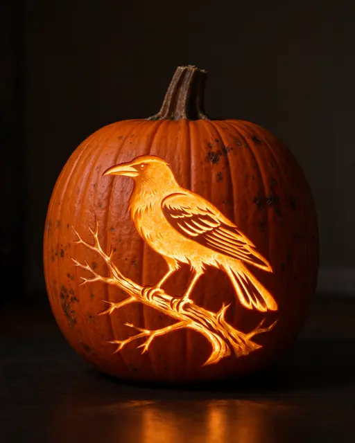 A glowing carved pumpkin displays a detailed crow perched on a bare branch against a dark background
