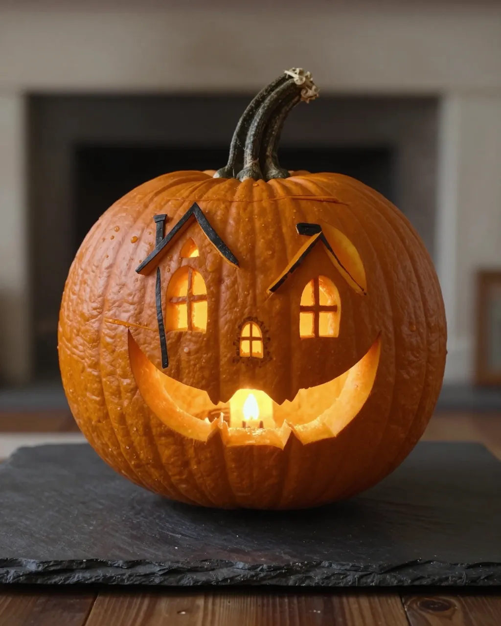 Lit carved pumpkin with a haunted house design rests on a dark slate hearth in front of a blurred fireplace