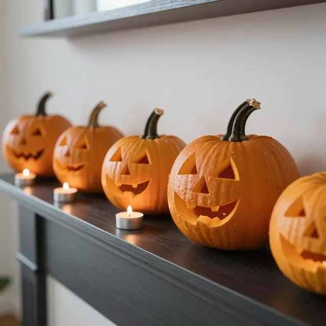 Lit jack-o'-lantern mini pumpkins line a dark wood mantel shelf with small tealights between them