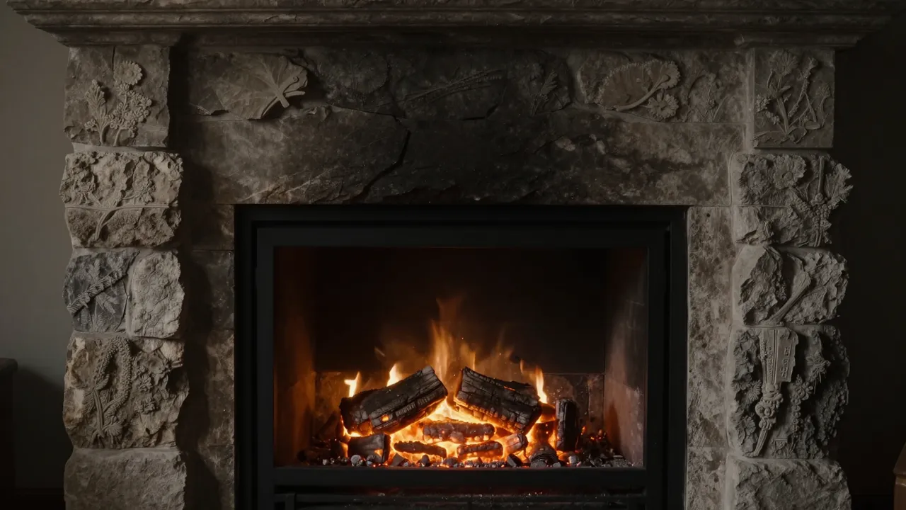 An ornate carved stone fireplace holds a burning fire with glowing embers in a dim dark room