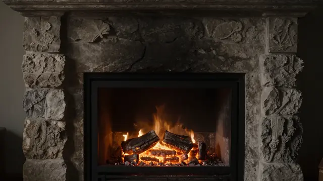 An ornate carved stone fireplace holds a burning fire with glowing embers in a dim dark room