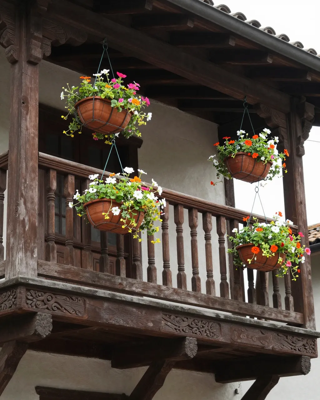 An ornate carved wooden old house balcony holds four hanging terracotta flower baskets filled with colorful blooms.