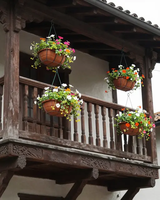 An ornate carved wooden old house balcony holds four hanging terracotta flower baskets filled with colorful blooms.