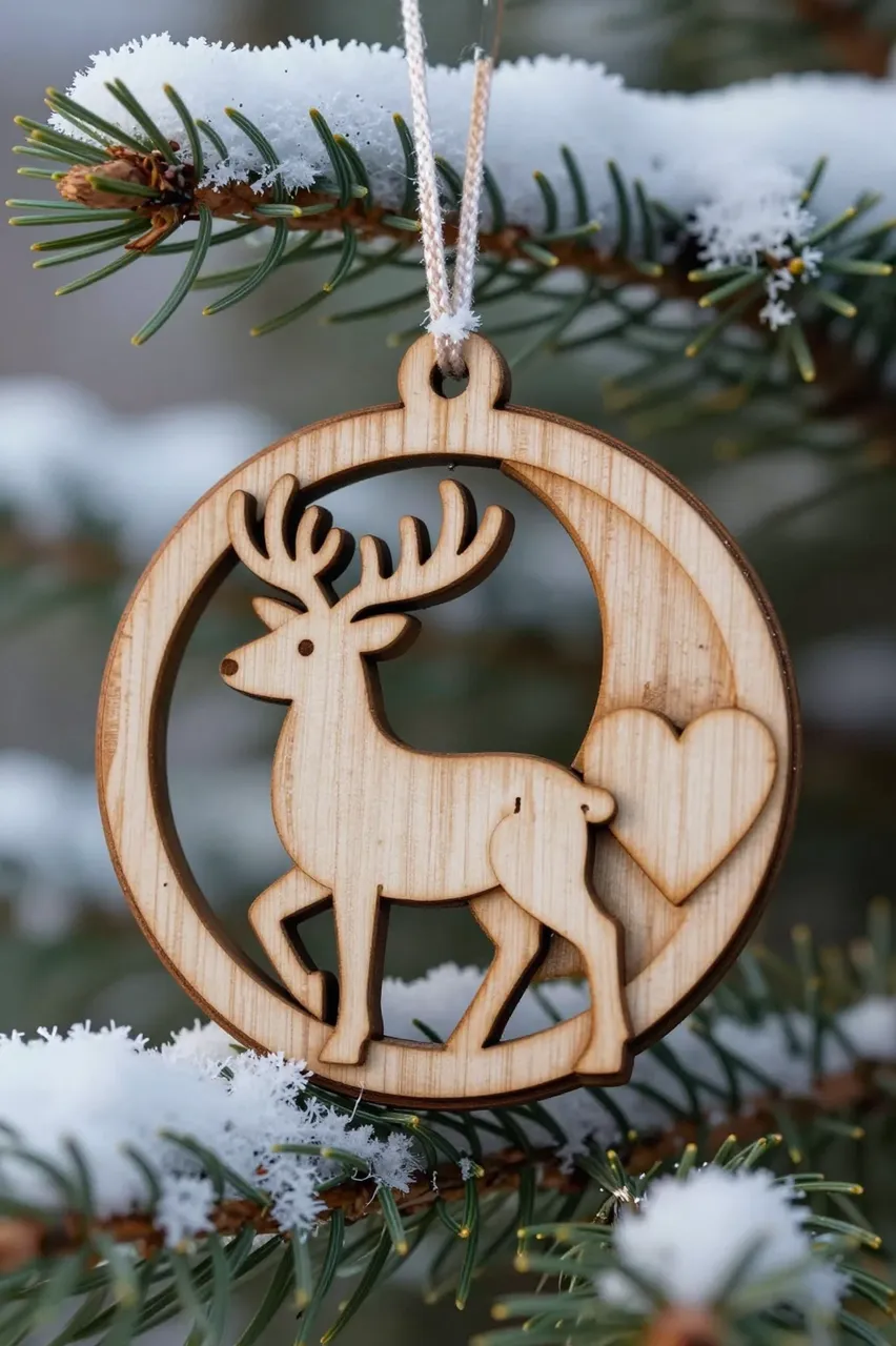 A laser-cut wooden Christmas ornament hangs from a snow-dusted spruce bough at dusk