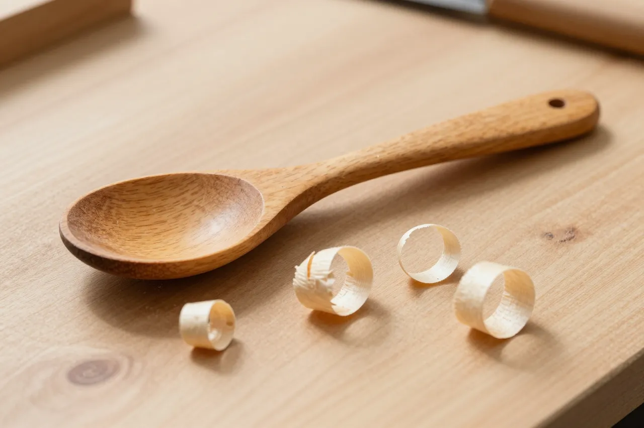 Hand-carved wooden spoon and curled wood shavings rest on a sunlit woodworking bench