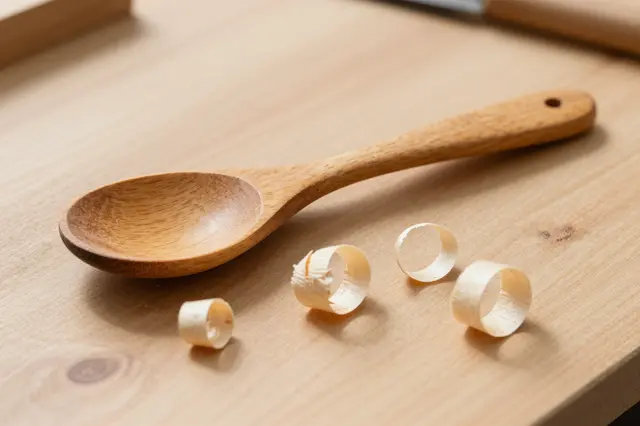 Hand-carved wooden spoon and curled wood shavings rest on a sunlit woodworking bench