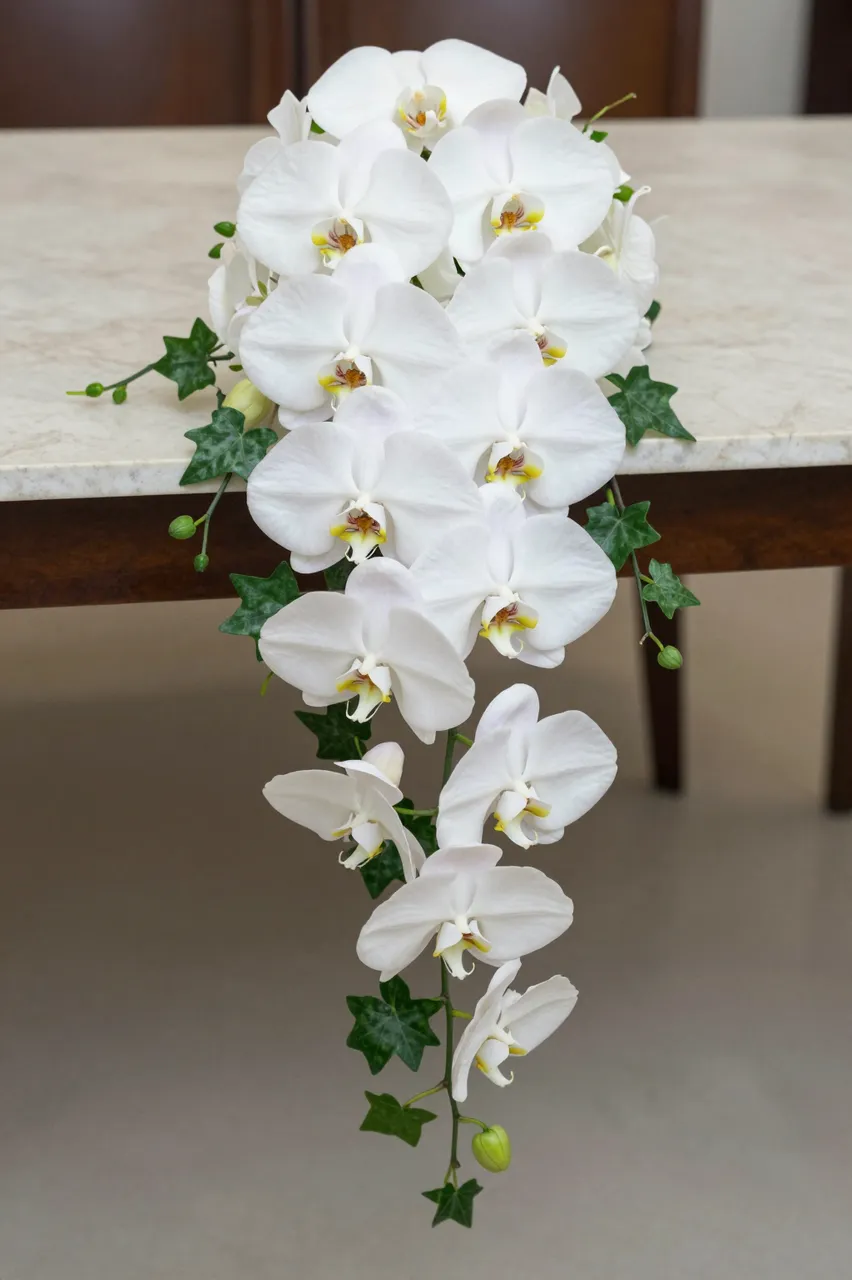 Cascading white phalaenopsis orchid bouquet with ivy spills over a marble table edge