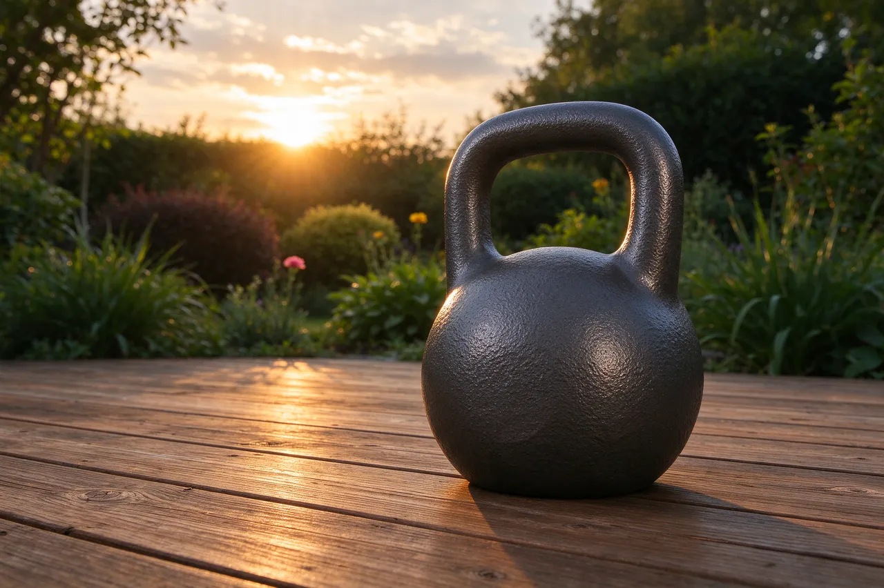 Plain cast iron kettlebell rests on a wooden garden deck with golden sunrise light and garden foliage in the background