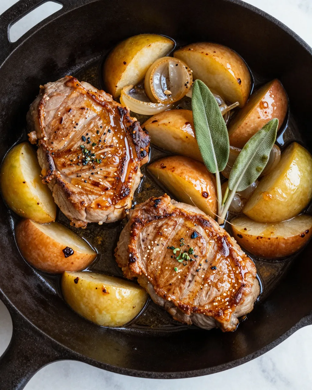 Overhead view of pan-seared pork chops with caramelized apples, onions and sage in a cast iron skillet