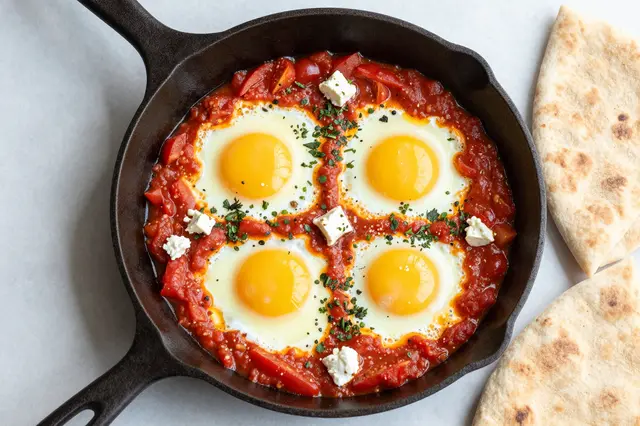 Top down flat lay of cast iron pan shakshuka with pita bread on a light countertop
