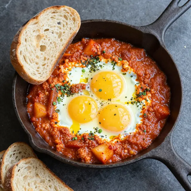 Top-down view of shakshuka with three eggs served in a cast iron pan alongside sliced sourdough bread.