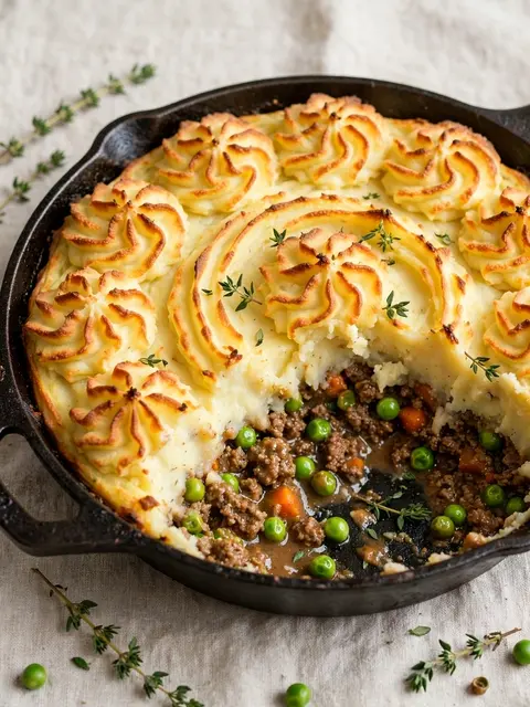 Baked shepherd's pie with piped mashed potato top in a cast iron skillet, with a portion removed to show the filling.