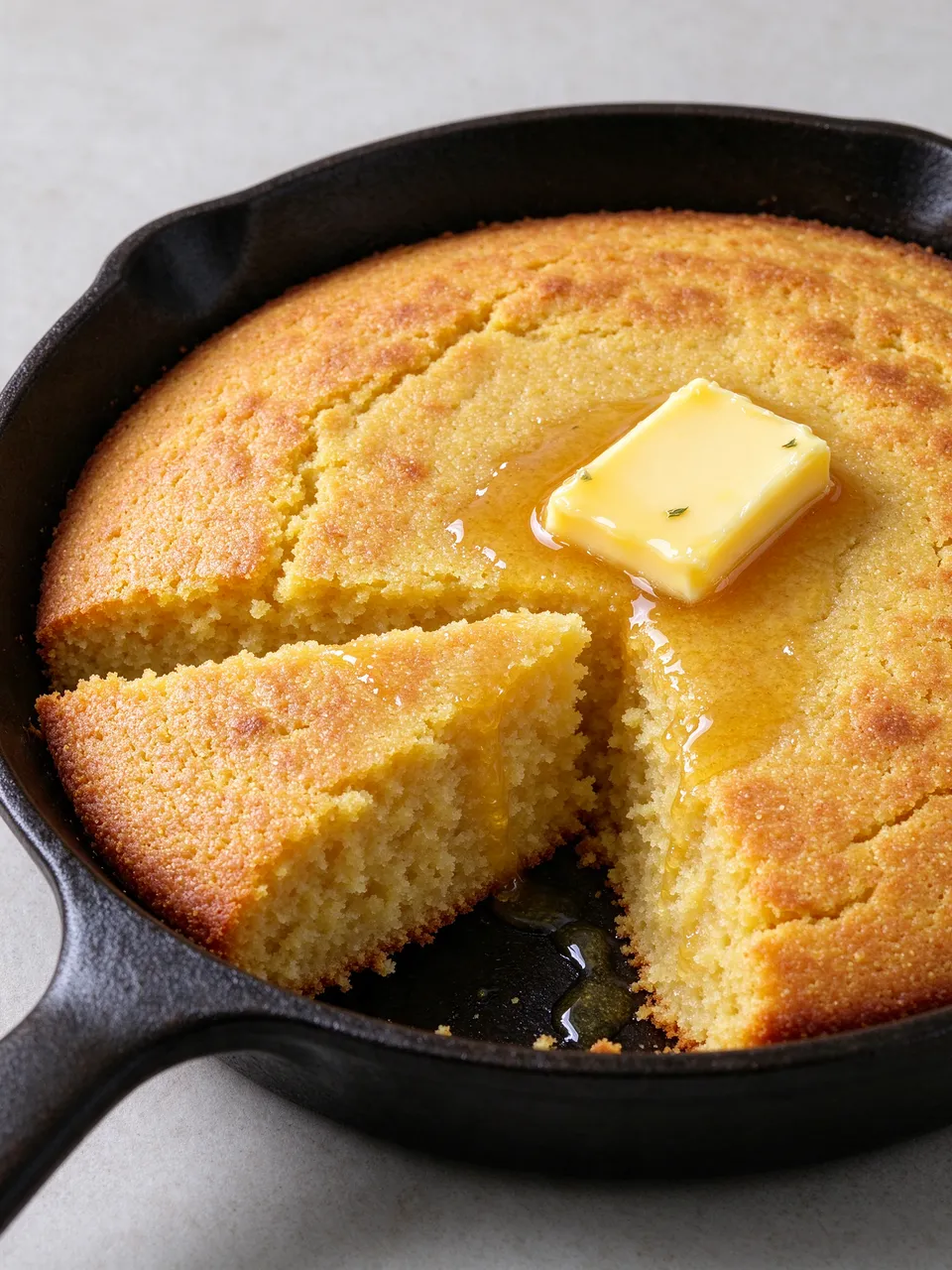 Golden baked skillet cornbread with a cut wedge and melting butter in a black cast iron pan