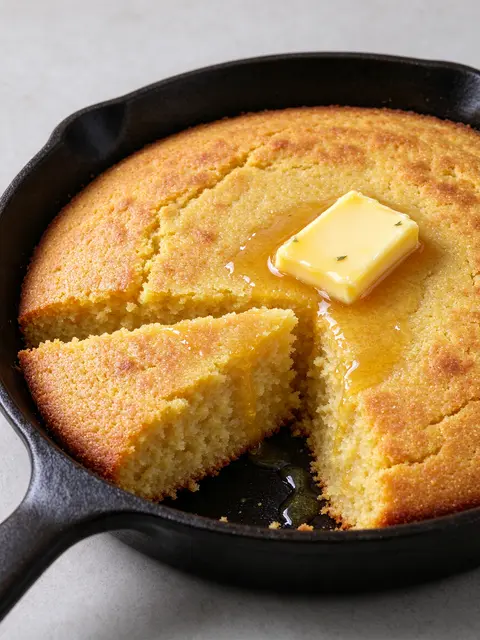 Golden baked skillet cornbread with a cut wedge and melting butter in a black cast iron pan