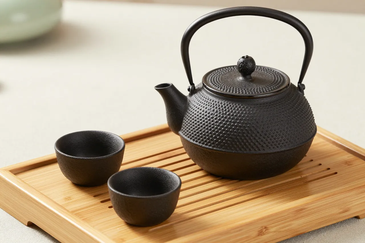 Black cast iron teapot and matching small cups rest on a slatted bamboo serving tray