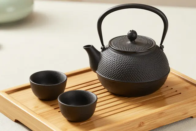 Black cast iron teapot and matching small cups rest on a slatted bamboo serving tray