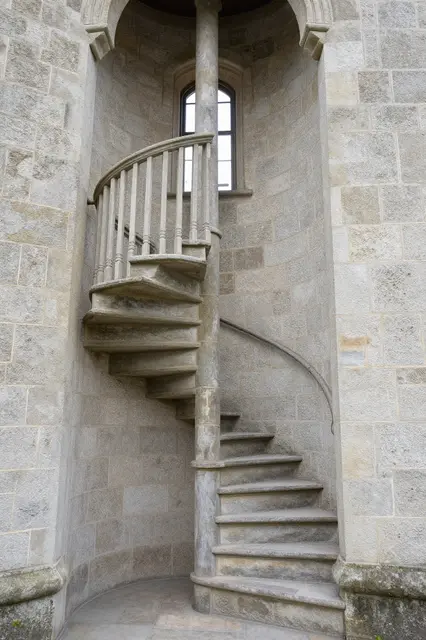 Narrow spiral stone staircase inside a stone castle tower, backlit by a small arched window