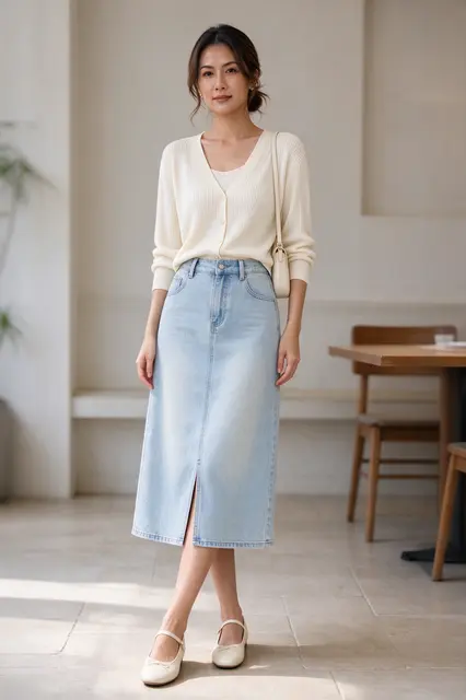 A Southeast Asian woman in a cream cardigan and denim midi skirt stands in a bright cafe interior.