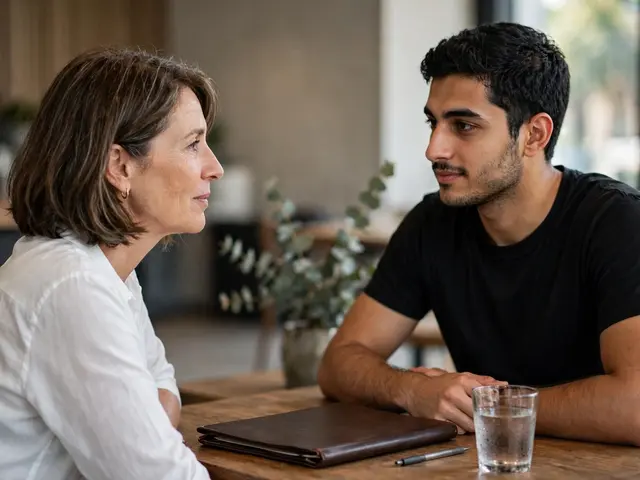 A mature woman and a young man sit across a wooden table conversing during a meeting