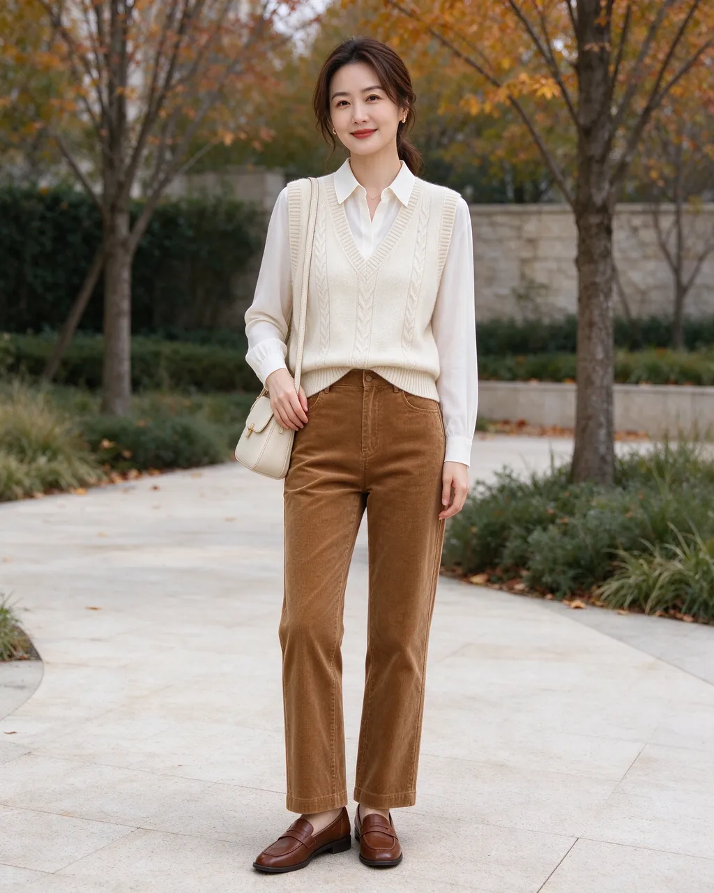 East Asian woman in a smart casual fall outfit stands on a paved autumn walkway smiling softly at the camera