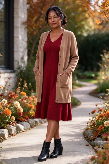 A Pacific Islander woman in her forties stands on an autumn garden path wearing a red midi dress, tan cardigan and black