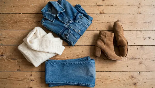 Overhead flat lay of folded denim jacket, cream sweater, jeans and suede boots arranged on a wooden floor