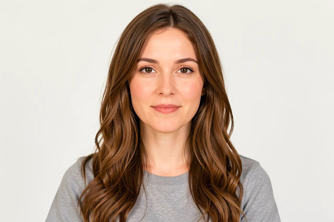 A woman with long wavy brown hair wears a gray shirt and looks directly at the camera against a plain light background.