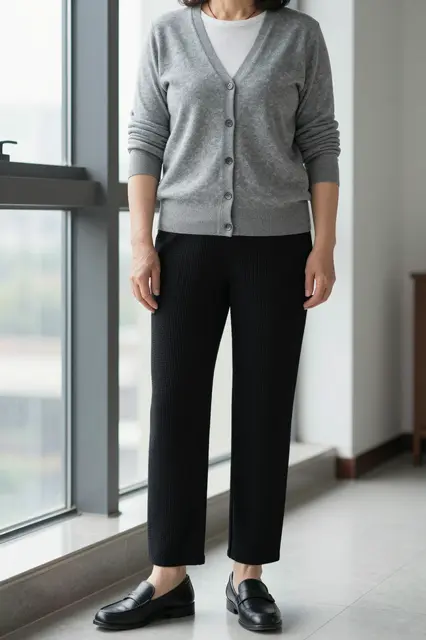 An East Asian woman in her fifties stands by a window wearing a gray cardigan, black trousers and leather loafers