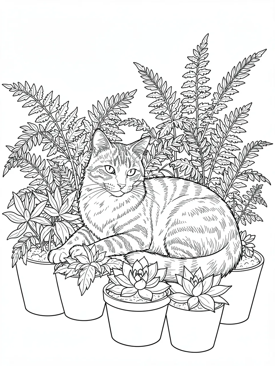 Black and white line art of a tabby cat lounging surrounded by potted ferns and succulents