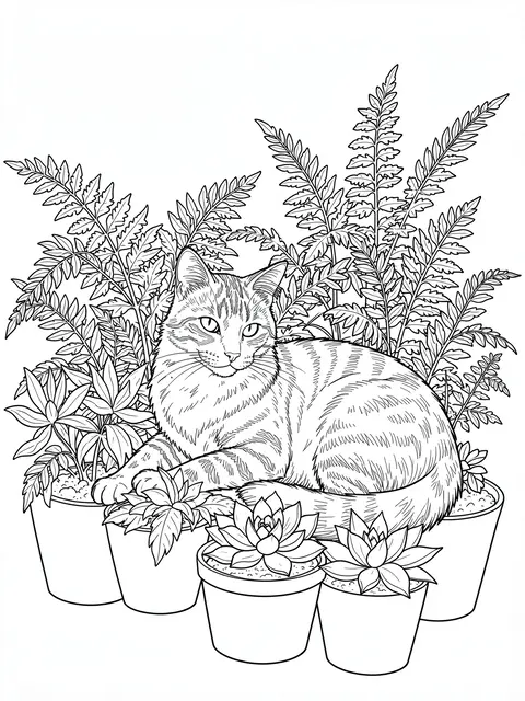 Black and white line art of a tabby cat lounging surrounded by potted ferns and succulents