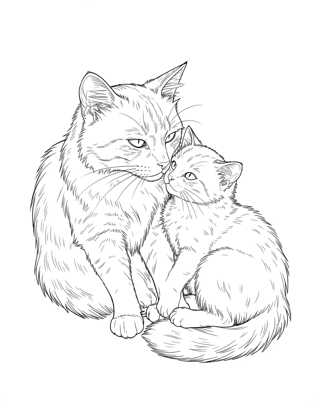 Fine line art drawing of an adult cat and a small kitten sitting close and nuzzling on a plain white background