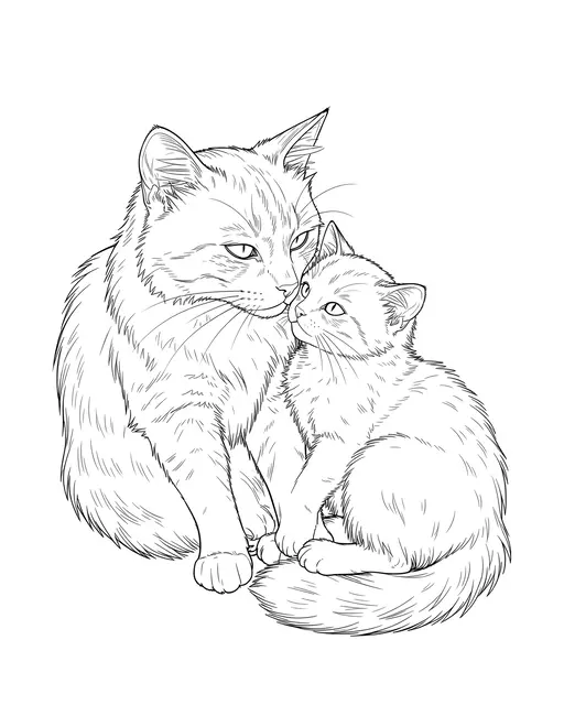 Fine line art drawing of an adult cat and a small kitten sitting close and nuzzling on a plain white background