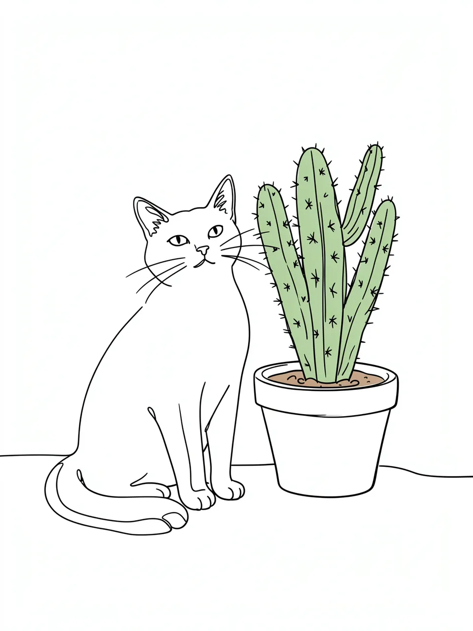 Minimal continuous line drawing of a sitting cat next to a potted cactus on a plain white background