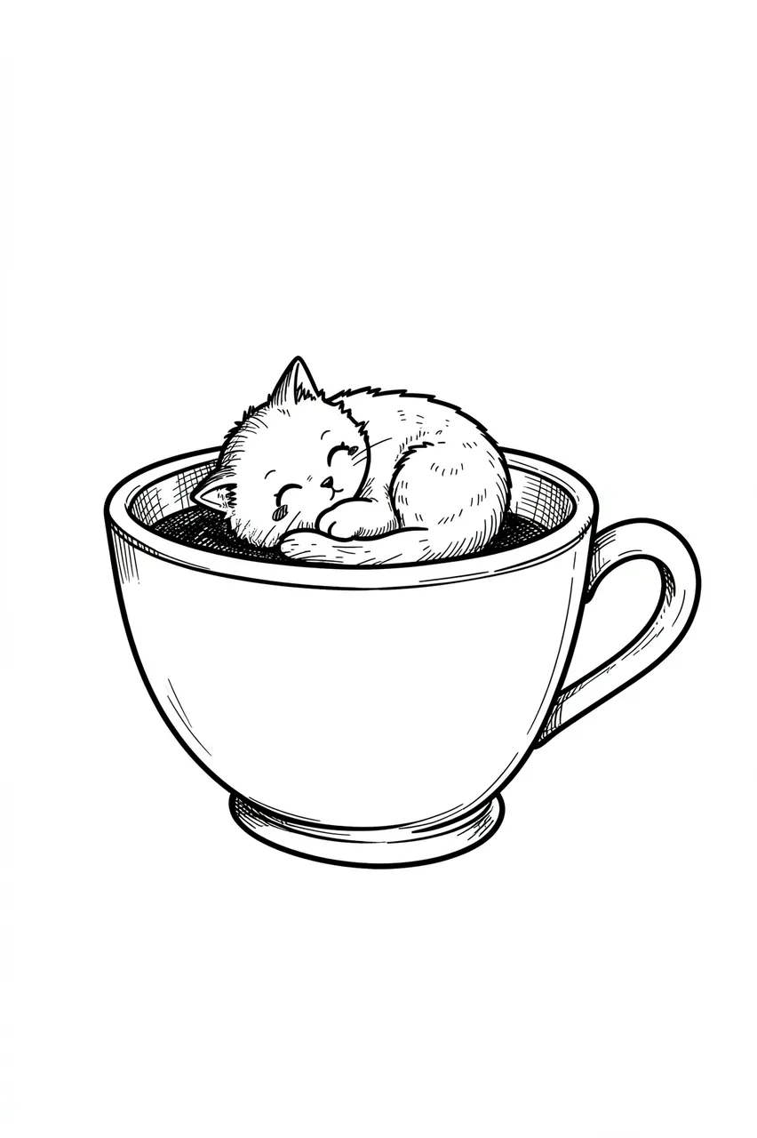 Black ink line drawing of a tiny sleeping cat curled up inside a large teacup on a white background