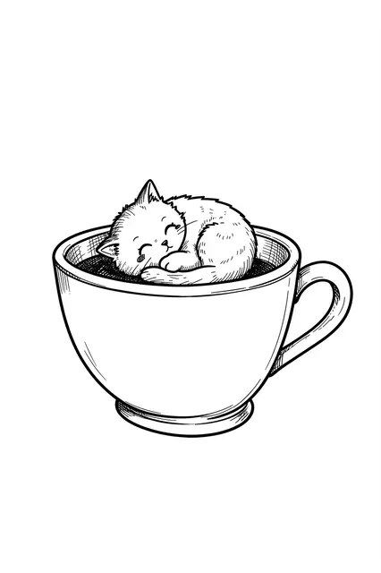 Black ink line drawing of a tiny sleeping cat curled up inside a large teacup on a white background
