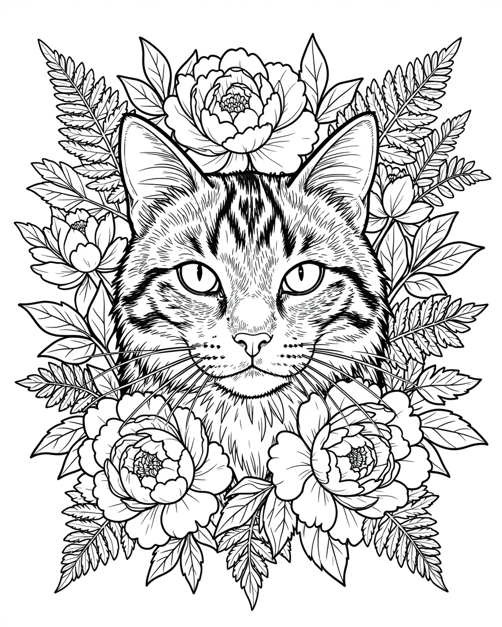 Black and white line art of an intricate cat face framed by peonies and ferns on a plain white background