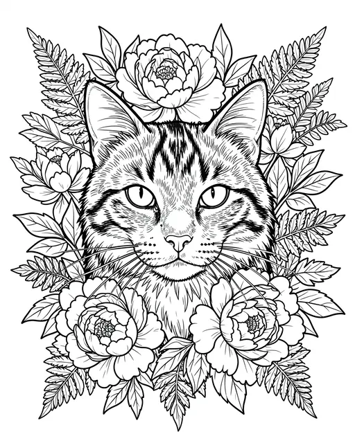 Black and white line art of an intricate cat face framed by peonies and ferns on a plain white background