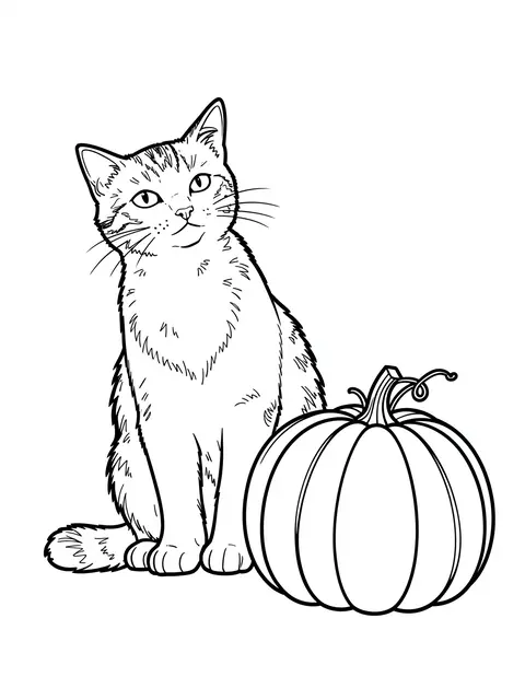 Simple bold black line art of a sitting domestic cat beside a pumpkin on a plain white background