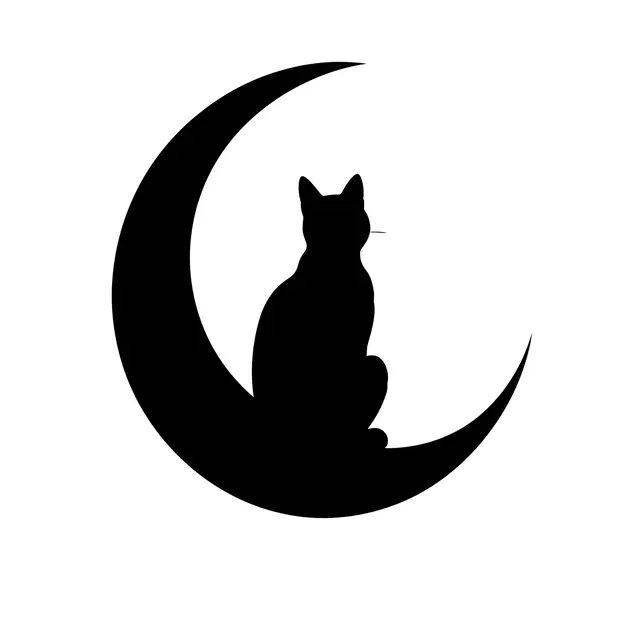 Solid black silhouette of a sitting cat perched on a crescent moon against a plain white background