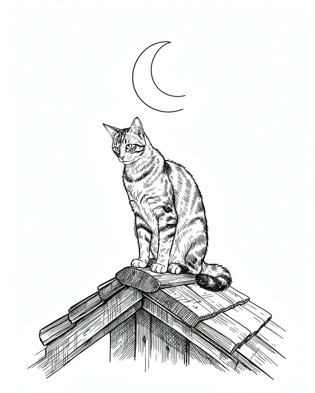 Pen and ink drawing of a tabby cat sitting on a rooftop ridge beneath a crescent moon on white paper